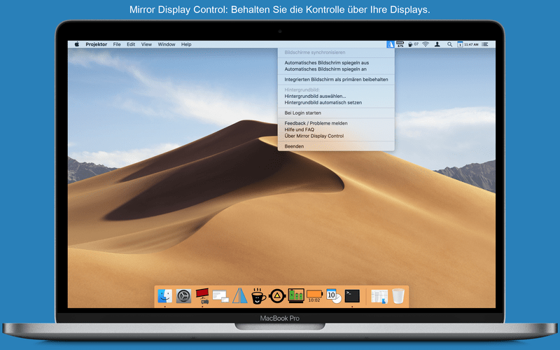 Screenshot macOS app Mirror Display Control dark theme.
