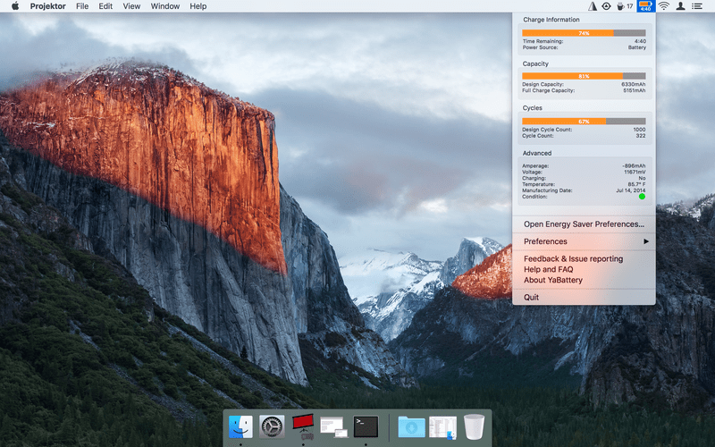Screenshot macOS app YaBattery light theme.