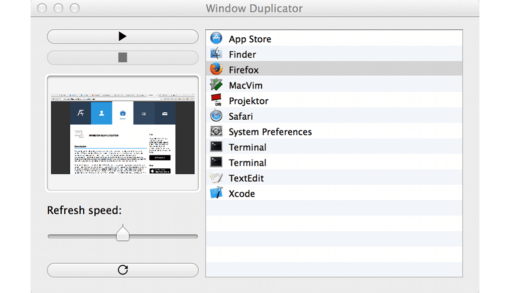 Screenshot macOS app Window Duplicator dark theme.
